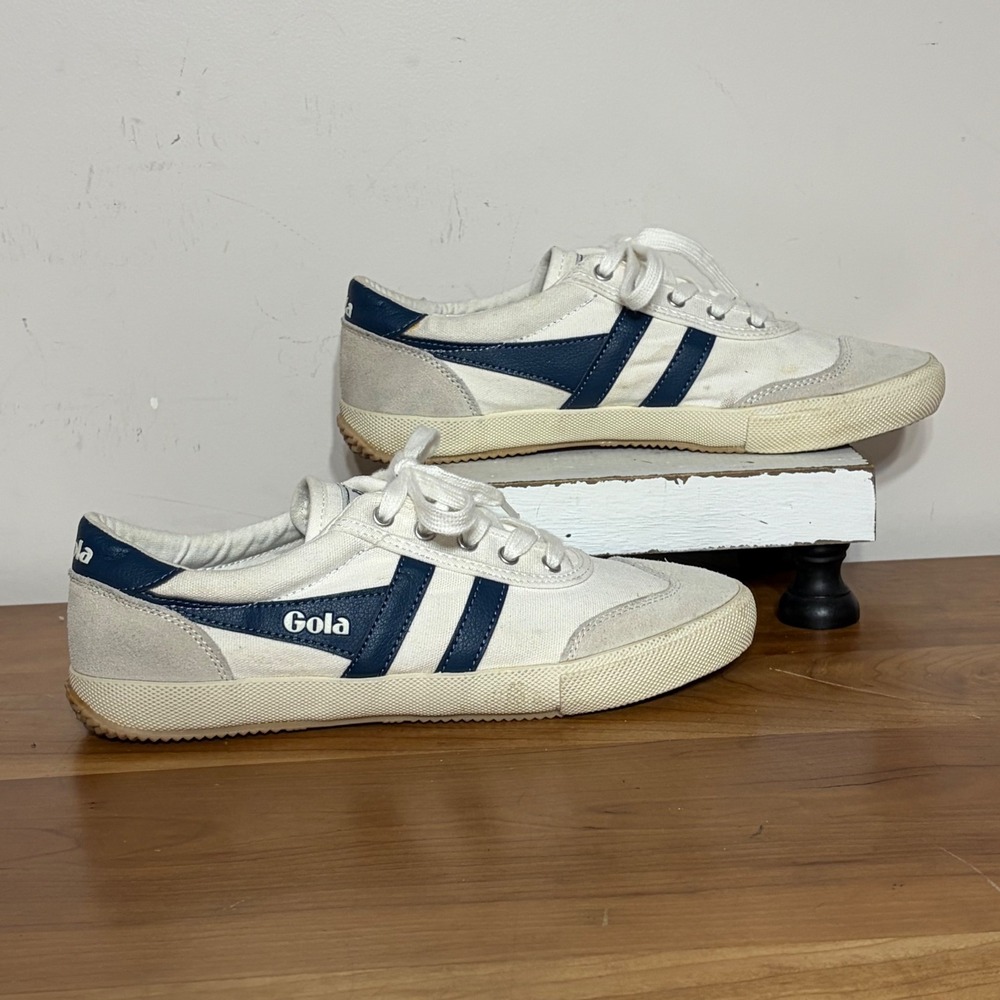 Gola Badminton Sneakers Off White Navy Blue Canvas Suede Low Top CLA548 Mens 10